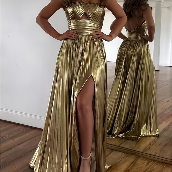 Golden Metallic Pleated Formal Evening Dress - Picture 3 of 5